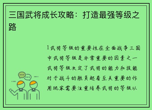 三国武将成长攻略：打造最强等级之路